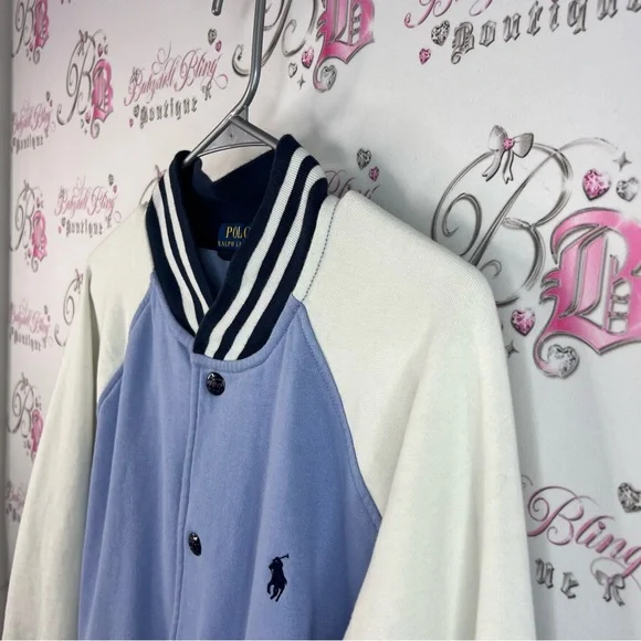 Polo Ralph Lauren coat jacket buttons stripes Blue and White Varsity Jacket - Picture 4 of 16